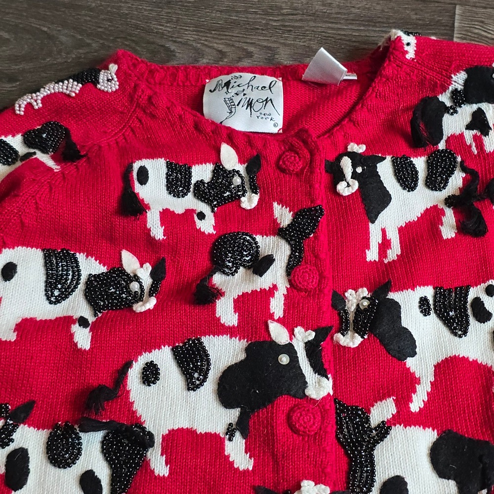 Michael Simon Cow Print Beaded Cardigan Medium Red Womens Vintage 1998 Sweater